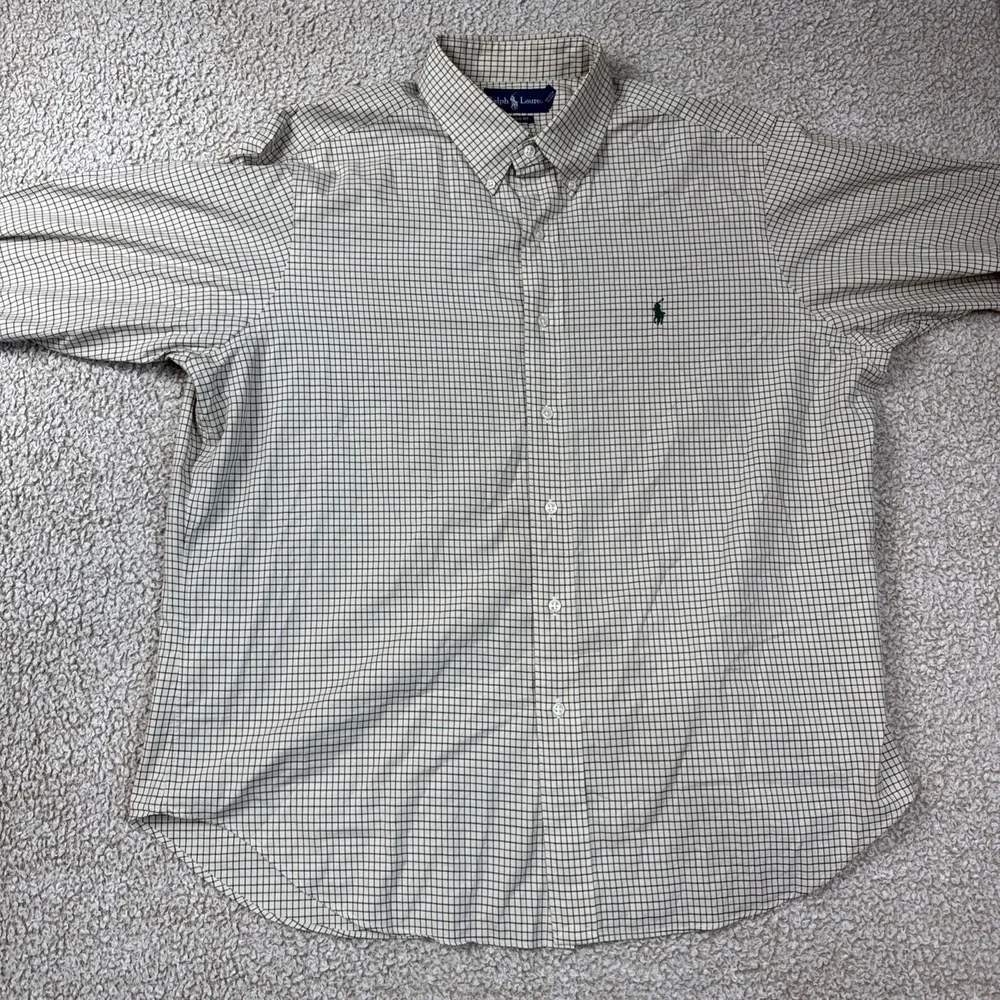 Ralph Lauren Button Down Shirt Mens XL Cream Tattersall Check Classic Fit Cotton